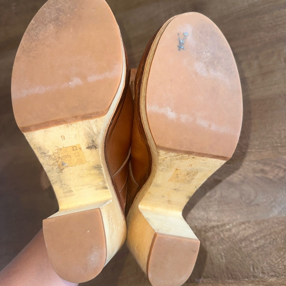 Brown Leather Mules with Chunky Wooden Heel - Picture 5 of 7